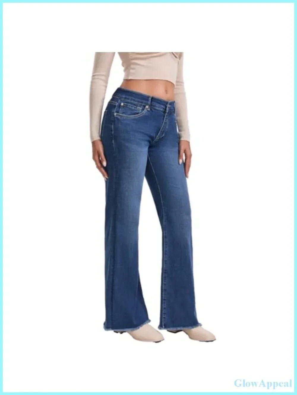 High Waisted Bootcut Jeans Wide Leg Stretchy Denim Pants Raw Hem - Picture 4 of 4